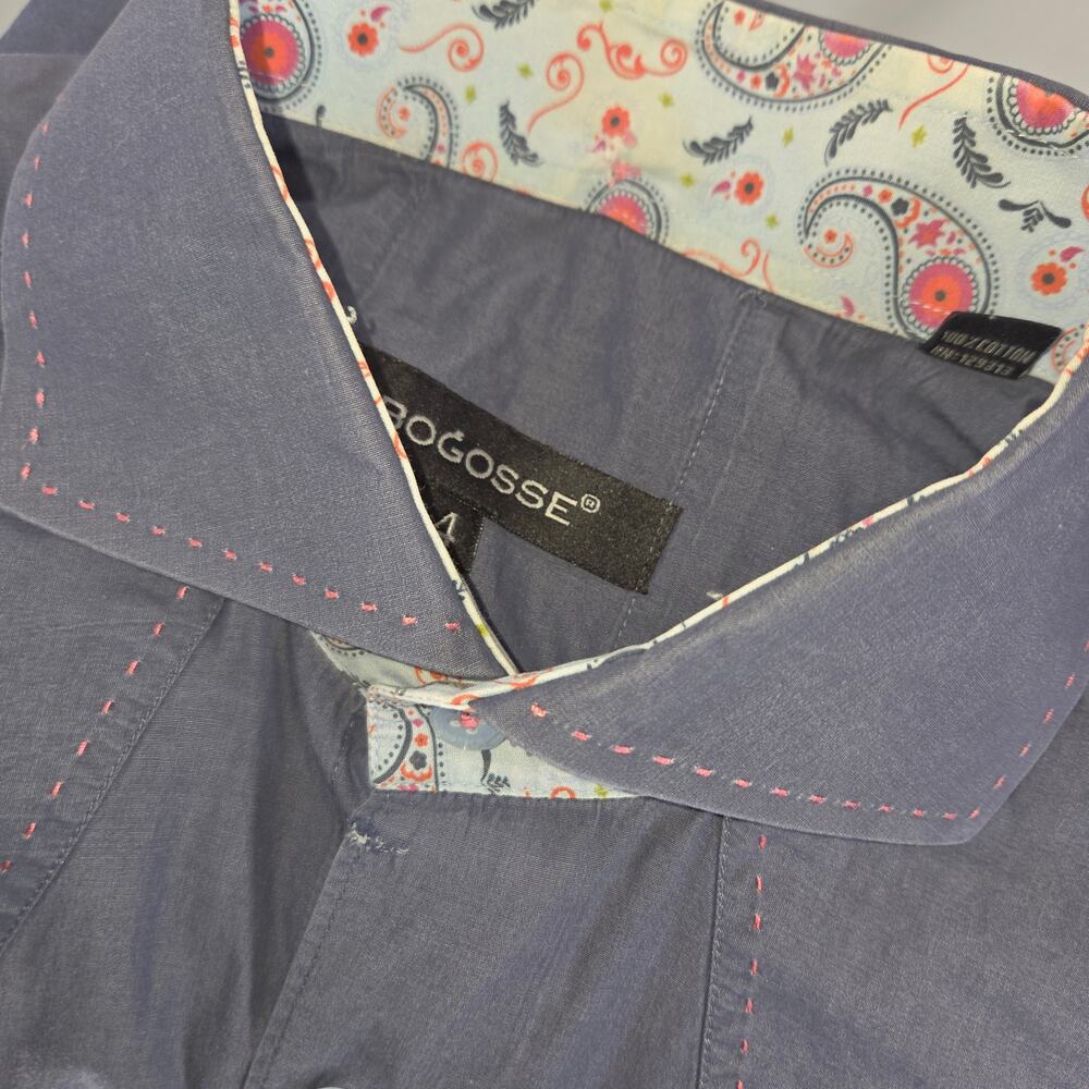 Bogosse Mens Shirt Size 4 Blue Button Up Contrast Trim Modern Fit with flaw
